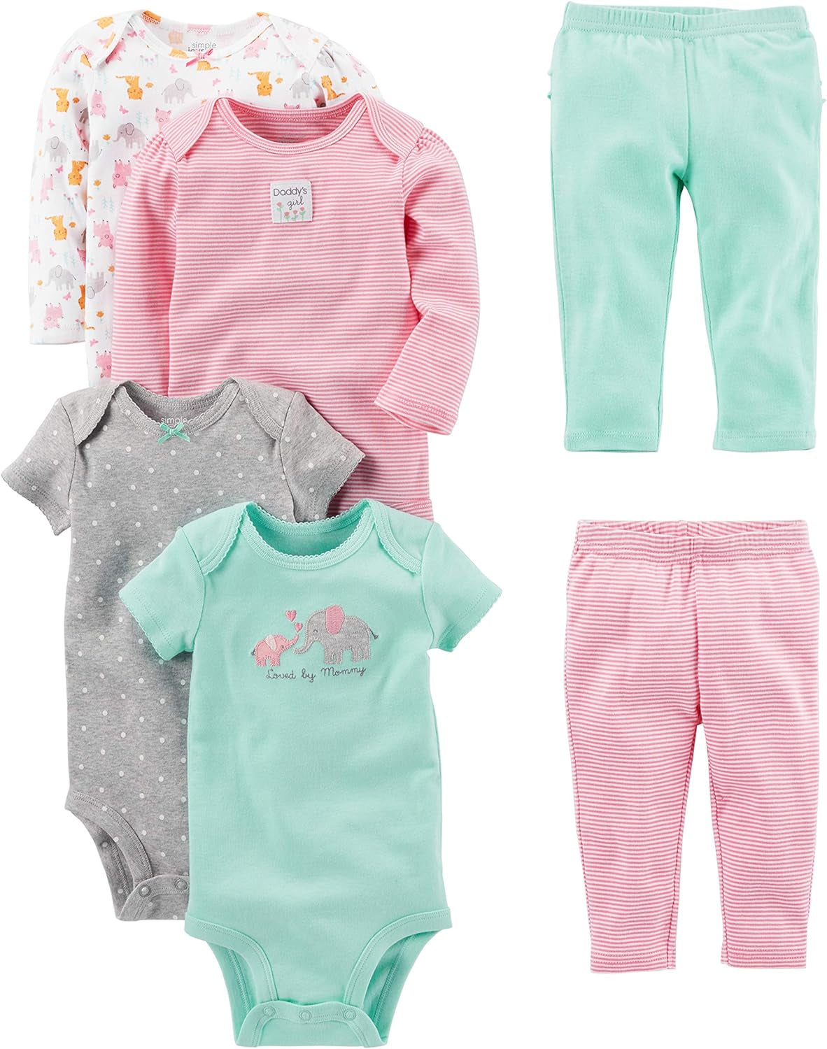 Baby Girls' 6-Piece Bodysuits (Short and Long Sleeve) and Pants Set